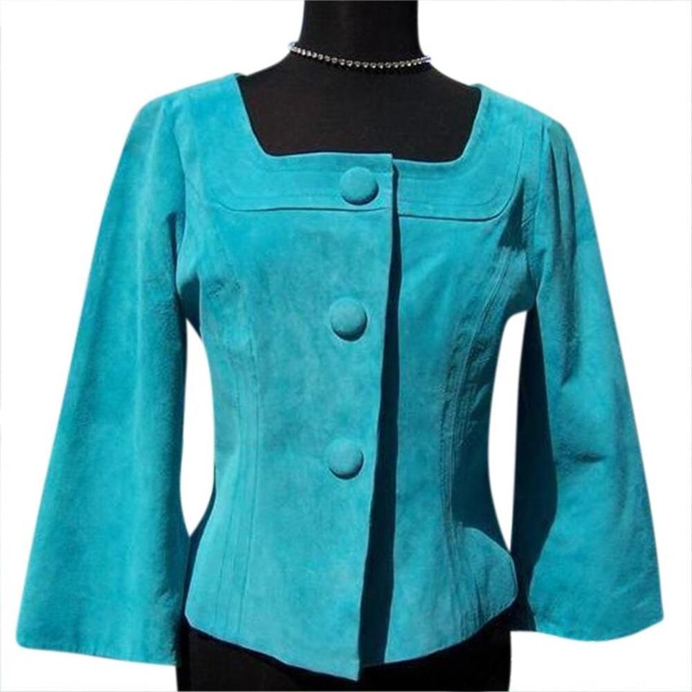 Cache Leather Suede Lined Jacket Top Mediterranean Blue Button Front $198 NWT